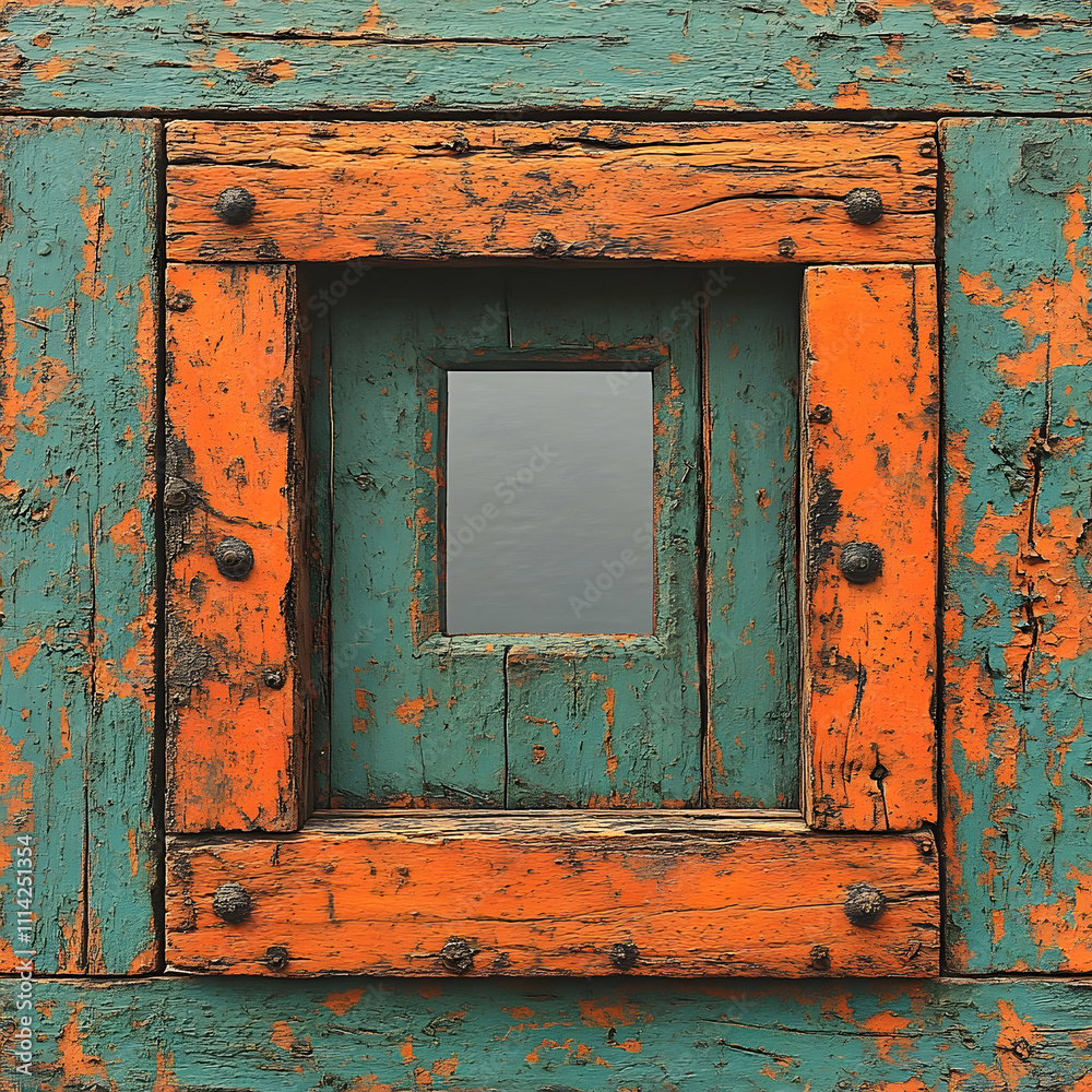 Naklejka premium Weathered teal and orange wood framed window.