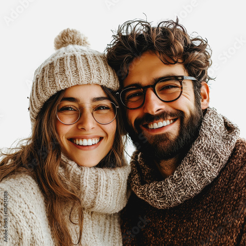 Young couple in cozy winter outfits smiling together, wearing glasses and hats, enjoying a joyful moment in a bright and warm setting