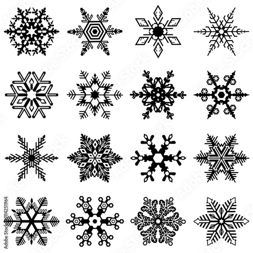 A collection of 16 geometric snowflakes. Each snowflake is unique, with symmetrical and detailed patterns. A set of decorations. Vector.