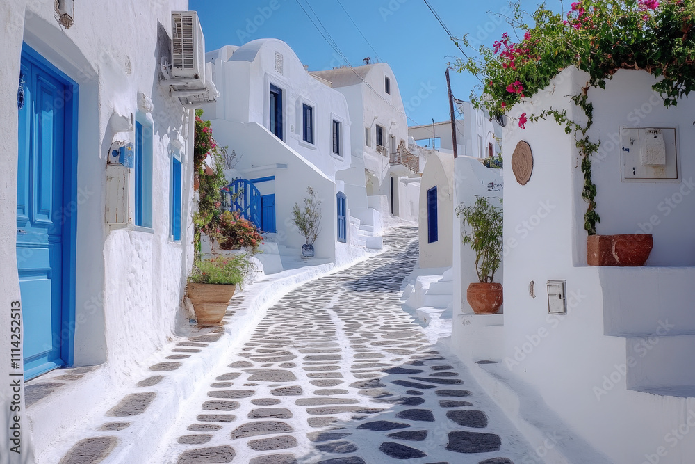 Fototapeta premium Serene Cobbled Streets in a Whitewashed Coastal Town