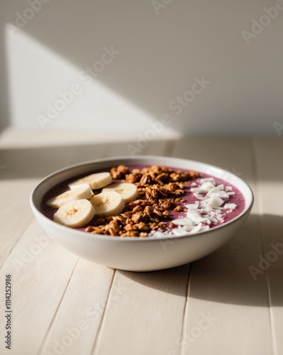 vibrant smoothie bowl sliced bananas granola coconut breakfast flakes food free organic. photo