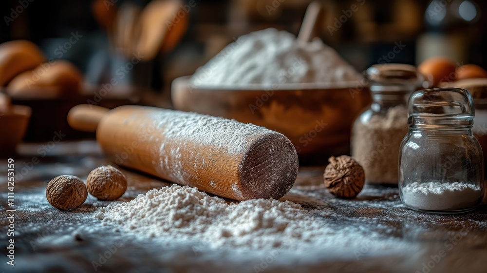 A rustic wooden rolling pin with flour dust on a kitchen countertop, symbolizing traditional baking and culinary preparation. A rustic wooden rolling pin with flour dust on a kitchen countertop, symbolizing traditional baking and culinary preparation.