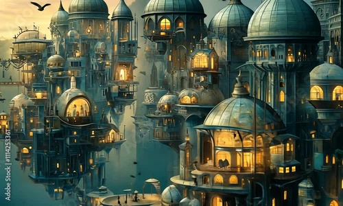Aetherial Cityscape:  Floating Metropolis at Dusk