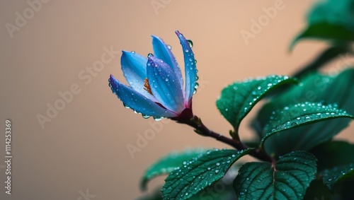 A macro shot of a vibrant azure blossom adorned with dew droplets and an emerald foliage in the foreground. photo