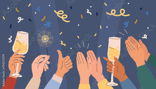 Human hands with champagne glasses and sparklers on confetti background.  Vector illustration of hands clinking glasses with champagne. 