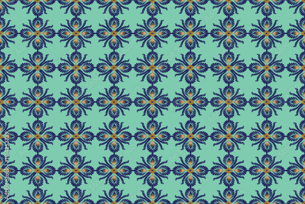 Fototapeta premium A vibrant floral fabric pattern featuring symmetrical navy-blue blossoms with golden accents on a refreshing turquoise background, creating a striking and elegant design