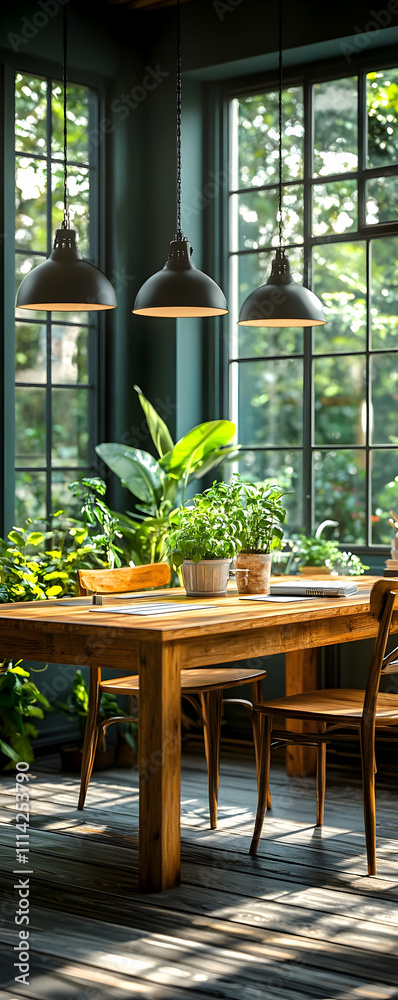 Sunlit wooden dining table with plants and chairs near large windows. Sunlit wooden dining table with plants and chairs near large windows.
