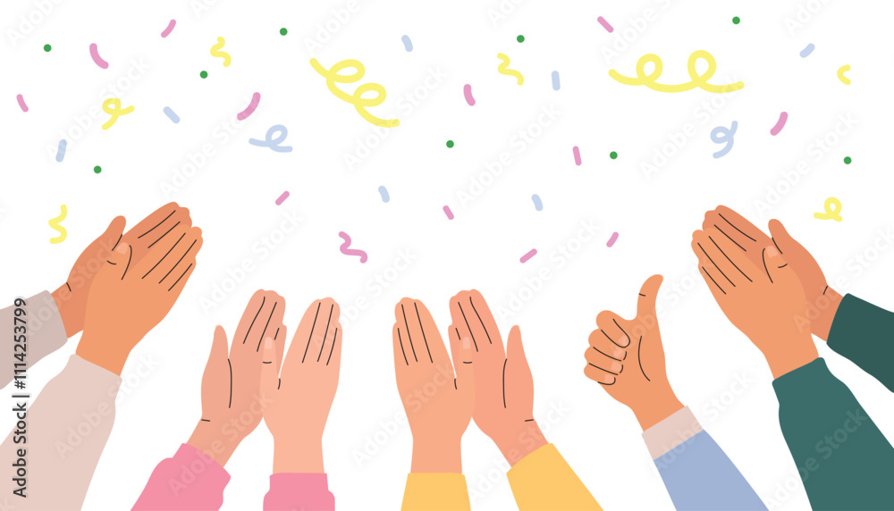 Illustration of hands clapping on a background with confetti. Crowd applause and congratulations on success. Vector illustration