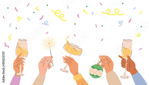 Human hands with champagne glasses and sparklers on confetti background.  Vector illustration of hands clinking glasses with champagne. 