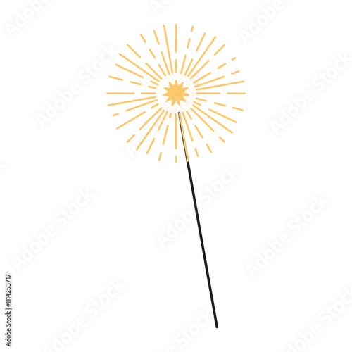 Burning sparklers isolated on white. Bright yellow fireworks with sparks and glow. Design elements for banner, flyer, card, background for party, birthday, holiday. Vector illustration