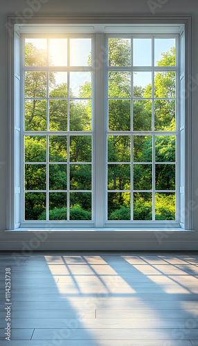 Sunlit window view of lush green trees and forest.