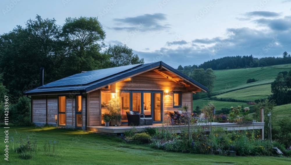 Obraz premium Modern Wooden House with Solar Panels Nestled in Nature at Dusk. Warm Lights Create Cozy Atmosphere Overlooking Green Fields.