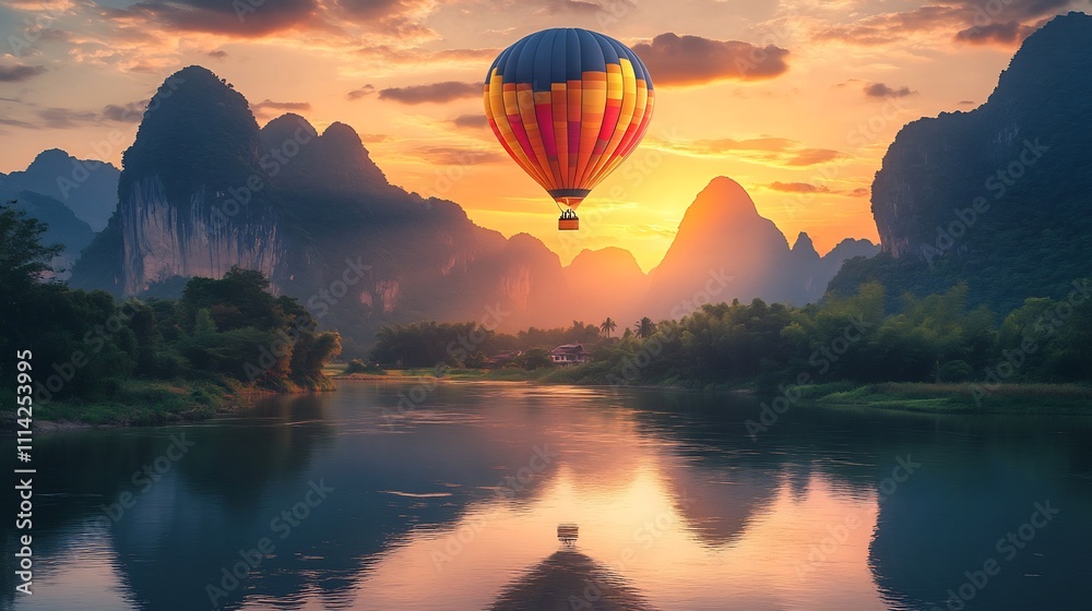 Hot air balloon over scenic river and karst mountains at sunset. Hot air balloon over scenic river and karst mountains at sunset.