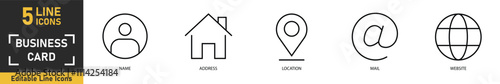 Business Card line icon set. Set of 5 outline icons related to name, address, location, mail, website and more. Vector illustration.