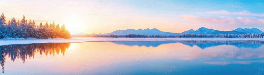 Fototapeta premium Wide winter banner. Serene lake at sunrise with reflections and snow-covered mountains.