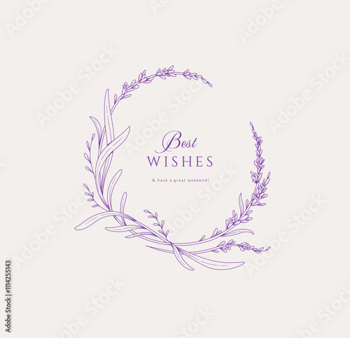 Set of lavender calligraphic wreath and design elements, floral and graceful branches. Wedding wildflowers for invitation save the date card. Botanical feminine rustic vector illustration