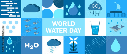 Collage style World Water Day poster featuring water droplets, dolphins, a glass of water, clouds, and H2O symbols.