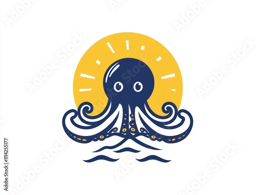 Cute cartoon octopus in sun and ocean waves. photo