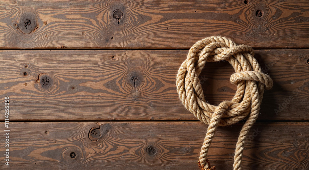 Obraz premium Coiled rope on rustic wooden background with copy space
