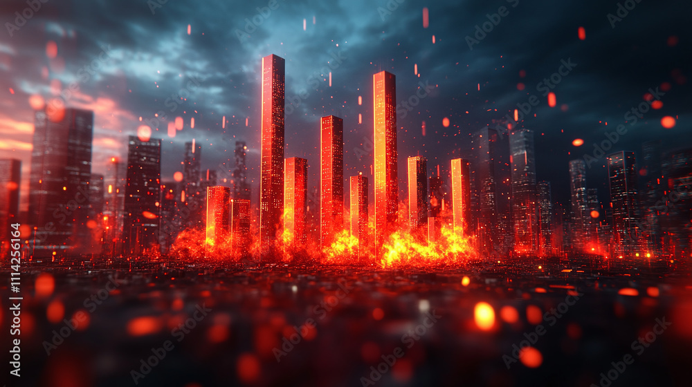 Fototapeta premium dynamic 3D render of rising bar graph amidst fiery landscape, showcasing vibrant orange and red flames against dark, moody sky. scene evokes sense of intensity and transformation