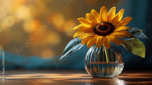 A single bright yellow sunflower in a glass vase, offering a touch of nature and simplicity for interior decor. photo