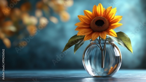 A single bright yellow sunflower in a glass vase, offering a touch of nature and simplicity for interior decor. photo