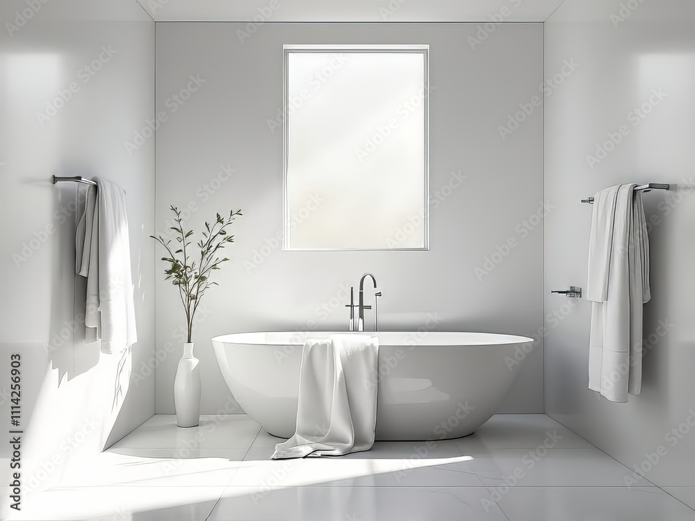Sleek white bathroom, modern towel rack. AI-generated image. Sleek white bathroom, modern towel rack. AI-generated image.