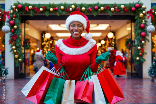 Christmas Joy: Smiling Black Woman with Gift Bags and Santa Hat