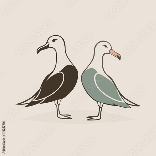 a black and white illustration of two albatross birds standing side by side