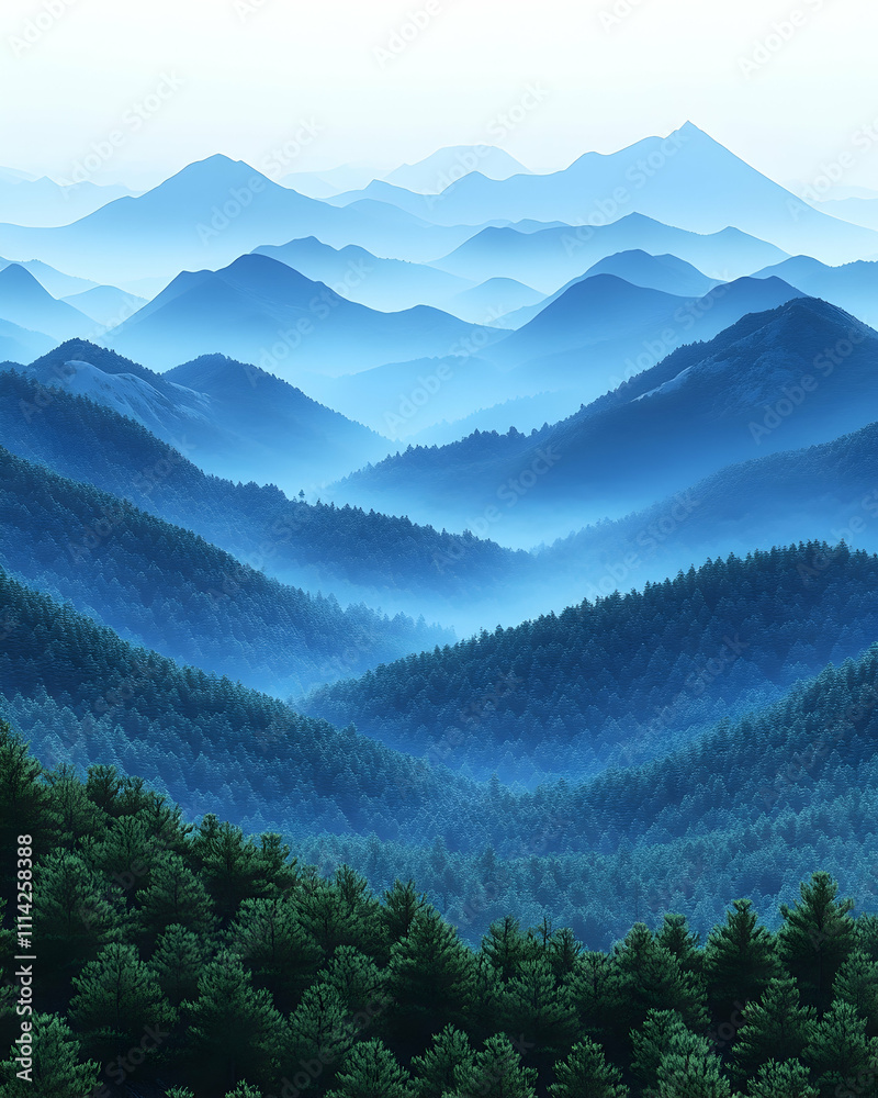 Serene blue mountain range landscape with misty valleys and lush evergreen forests.