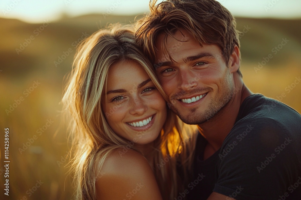Photo of an embrace between two people, one is a tall, muscular man with short, brown hair, and the other is a woman with shoulder-length, blonde, straightened hair. They smile as she hugs him from be Photo of an embrace between two people, one is a tall, muscular man with short, brown hair, and the other is a woman with shoulder-length, blonde, straightened hair. They smile as she hugs him from be