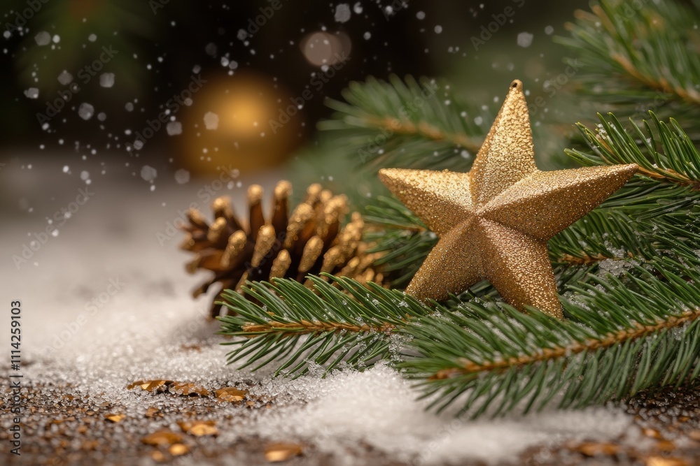 Festive christmas decoration with pine cones and golden star cozy indoor setting holiday atmosphere close-up view