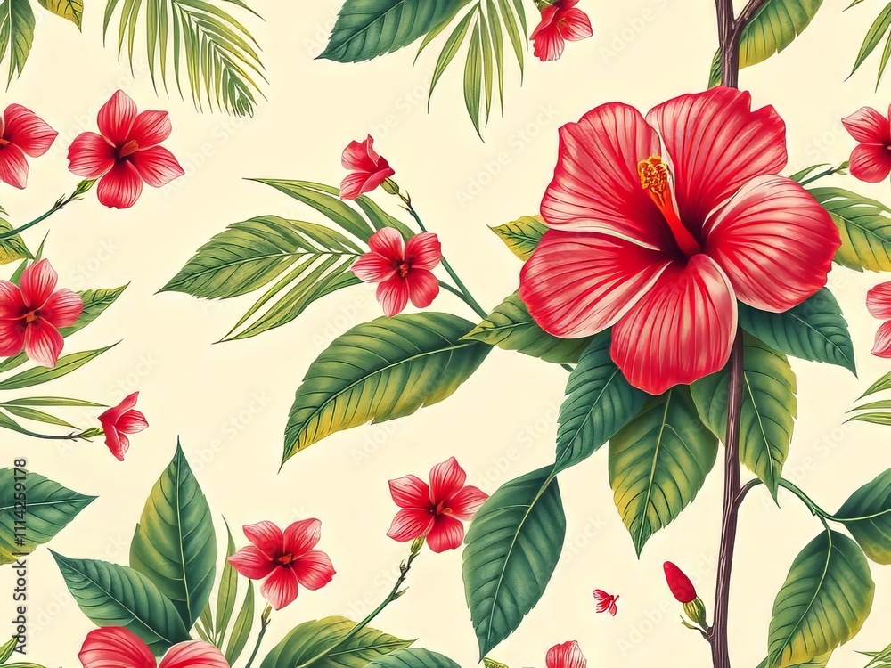 Fototapeta premium Tropical floral wallpaper; vintage charm for modern urban rooms.