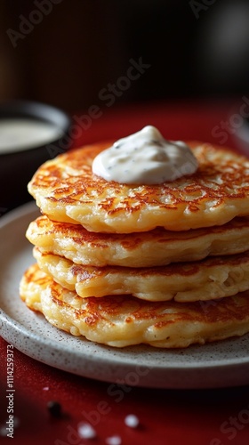 Photo of friendly potato pancakes with ranch dressing on a white plate, against a red background, front view
 photo