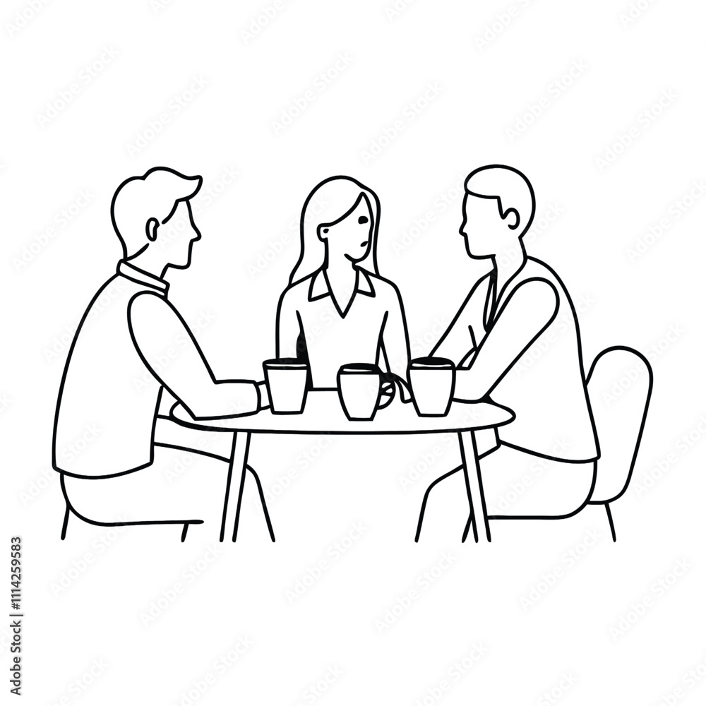 a continuous line drawing of three people sitting at a table and having a conversation a continuous line drawing of three people sitting at a table and having a conversation