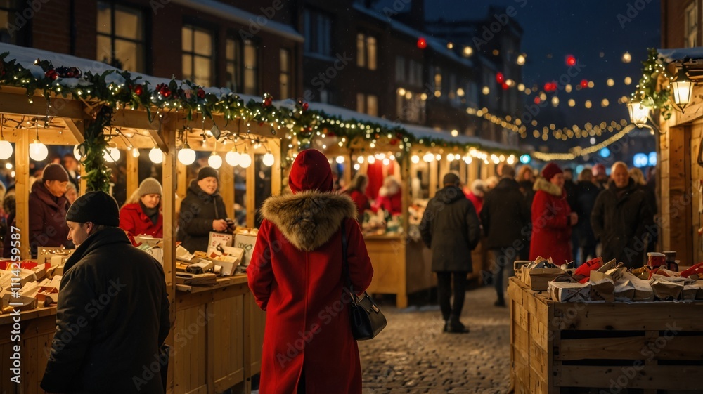 Obraz premium Winter woman enjoying festive night market charming european city holiday scene vibrant atmosphere street view celebration