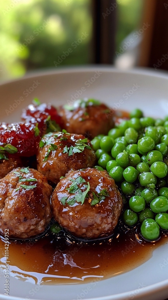 Photo of Swedish meatballs with a light brown sauce, green peas, and red grape jelly on a white plate, .
Photo of Swedish meatballs with a light brown sauce, green peas, and red grape jelly on a white plate, .
