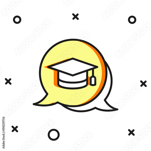 Filled outline Graduation cap in speech bubble icon isolated on white background. Graduation hat with tassel icon. Flat filled outline style with shadow. Vector