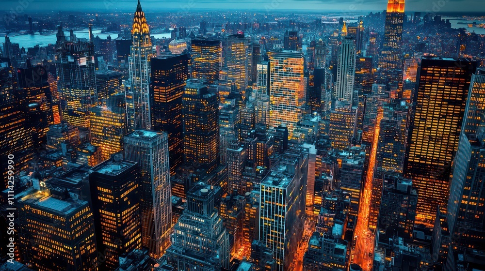 Night cityscape, aerial view of city skyscrapers illuminated at dusk, urban landscape. Night cityscape, aerial view of city skyscrapers illuminated at dusk, urban landscape.