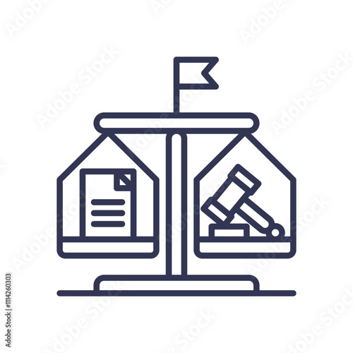 Scales with document and gavel symbolize balance in justice and fairness.