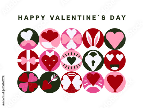Bauhaus banner with romantic round pink, red, white love icons with text in flat style