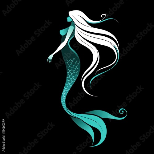 Elegant teal mermaid silhouette with flowing white hair against a black background. photo