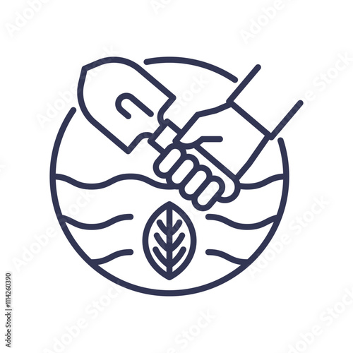 Hand holding a trowel over soil and leaf, symbolizing sustainable cultivation.