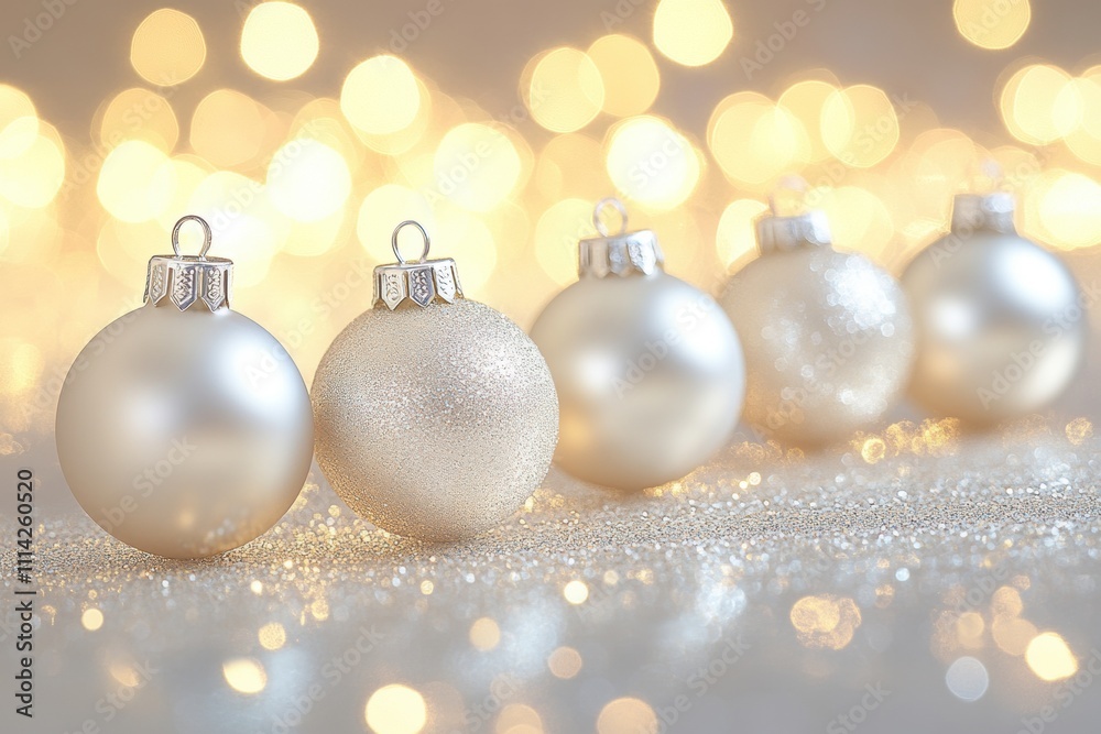 Elegant white christmas ornaments displayed on shimmering background festive atmosphere close-up view for holiday decor inspiration Elegant white christmas ornaments displayed on shimmering background festive atmosphere close-up view for holiday decor inspiration