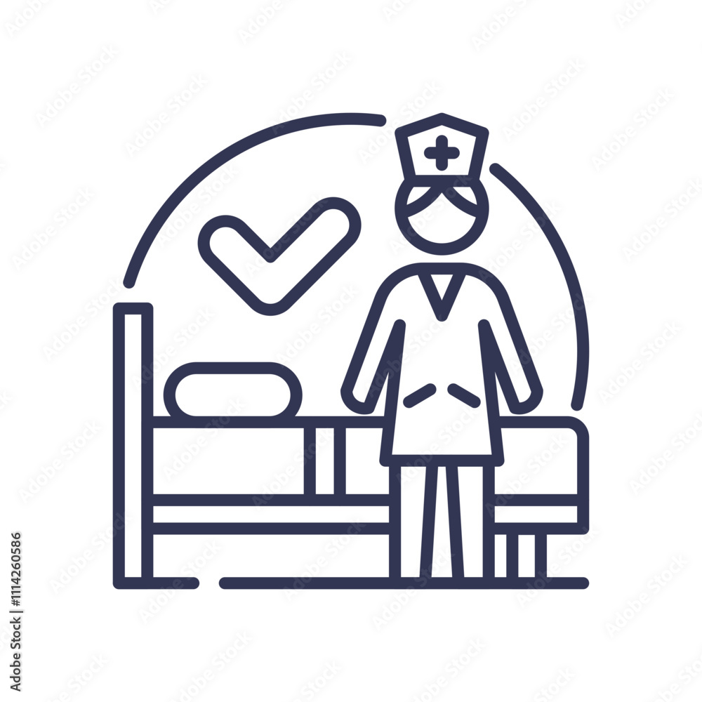 Nurse beside a hospital bed with a checkmark symbolizing quality patient care. Nurse beside a hospital bed with a checkmark symbolizing quality patient care.