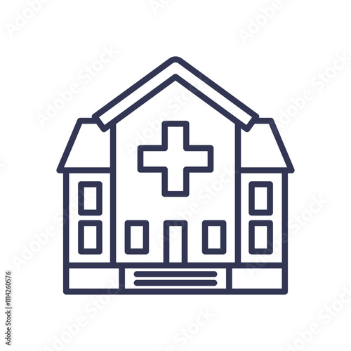 Outline of a hospital building with a medical cross symbol, representing healthcare facilities.