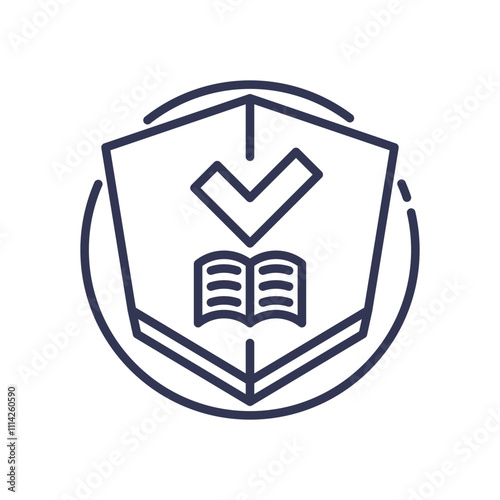 Shield with checkmark and book symbolizes policy compliance and knowledge.