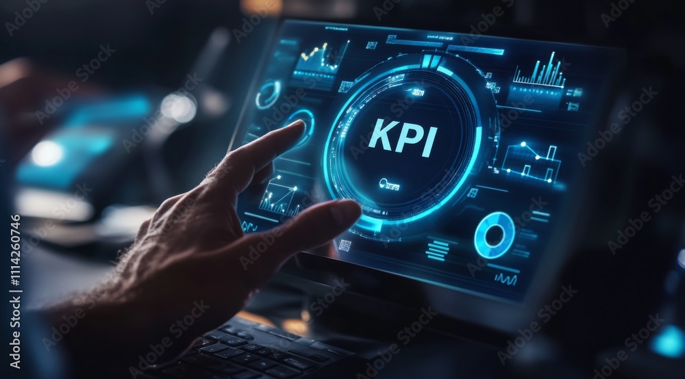Businessman's Hand Reaching Towards KPI Display and Performance Icons. Precision in Market Data Analysis for Business Planning. Businessman's Hand Reaching Towards KPI Display and Performance Icons. Precision in Market Data Analysis for Business Planning.