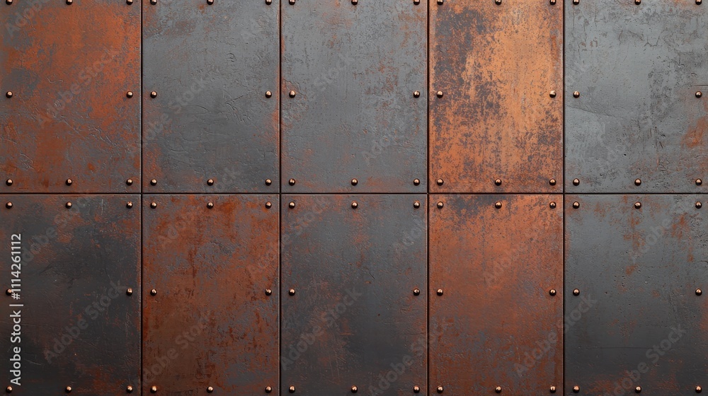 Fototapeta premium A textured metal wall featuring rust and rivets, showcasing a blend of orange and gray tones for a rugged industrial aesthetic.
