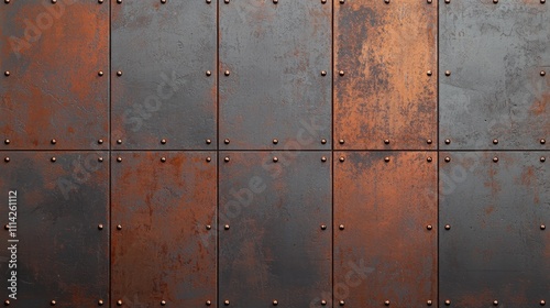 A textured metal wall featuring rust and rivets, showcasing a blend of orange and gray tones for a rugged industrial aesthetic.